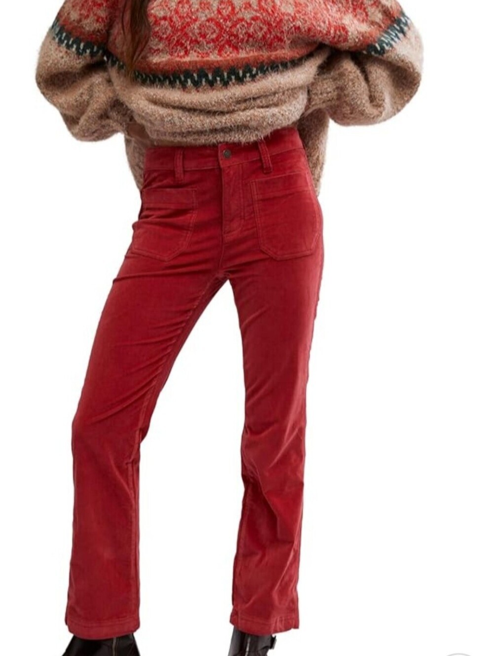 Free People High-Rise Straight-Leg Velour Jeans-  In Crimson
